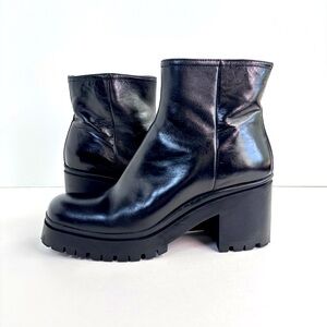 Jeffrey Campbell Black Leather Chunky Heel Lug Sole Square Toe Ankle Boots 10